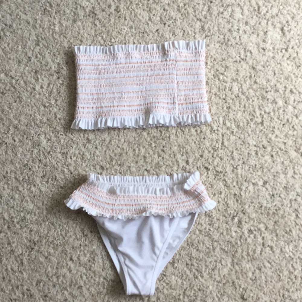 Orange and white bandeau ruched bikini